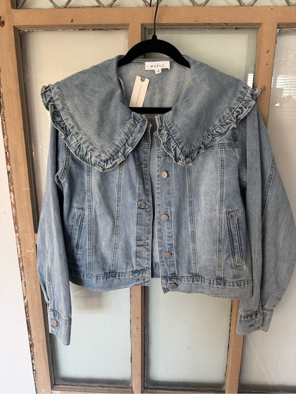 MABLE cutest jean jacket fromAnthropologie Light Blue Ruffle Collar Denim Jacket